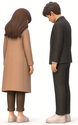 고개를 숙인 채 마주 선 두 사람